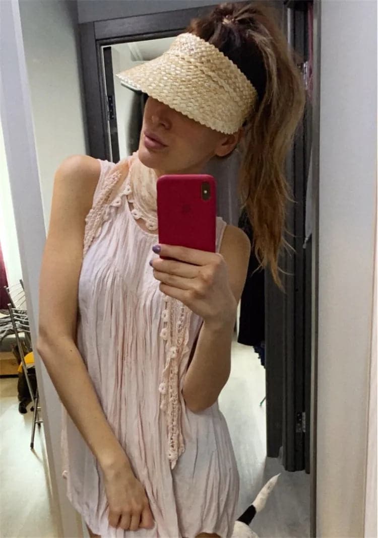 Women Handmade raffia straw hat Sun visor hat Sunscreen Lady holiday beach UV protection Topless stab INS fashion  caps - Boutique Beauté Santé 