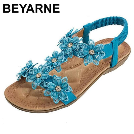 BEYARNEComfortable flat sandals women big size summer shoes woman bohemia flowers rhinestone beach ladies shoes thongs - Boutique Beauté Santé 