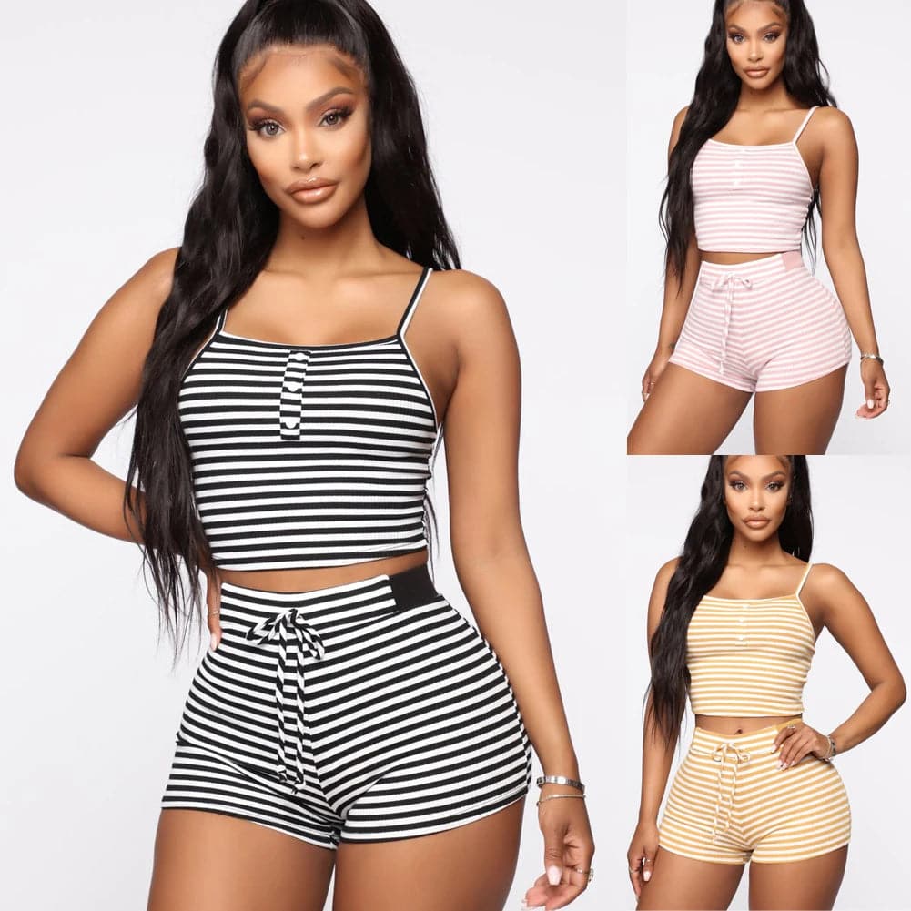 Hirigin 2PCS Women Sleepwear Summer Casual Bodycon Striped Crop Top and Shorts Outfits Clothes Sport Pajama Sets - Boutique Beauté Santé 