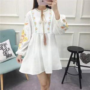 New Cotton with Tassel Bohemian Boho Blouses Loose Pattern Wide Fit Embroidery on Sleeve with Flowers Whole Sale