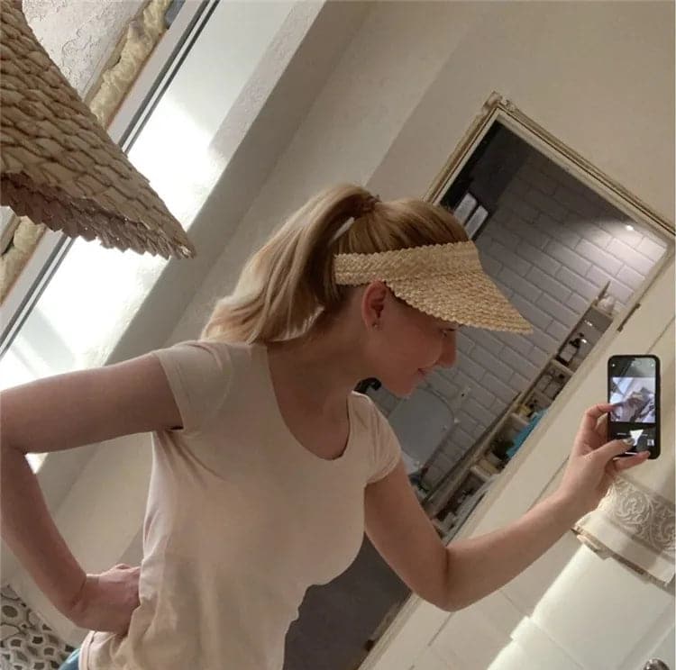 Women Handmade raffia straw hat Sun visor hat Sunscreen Lady holiday beach UV protection Topless stab INS fashion  caps - Boutique Beauté Santé 