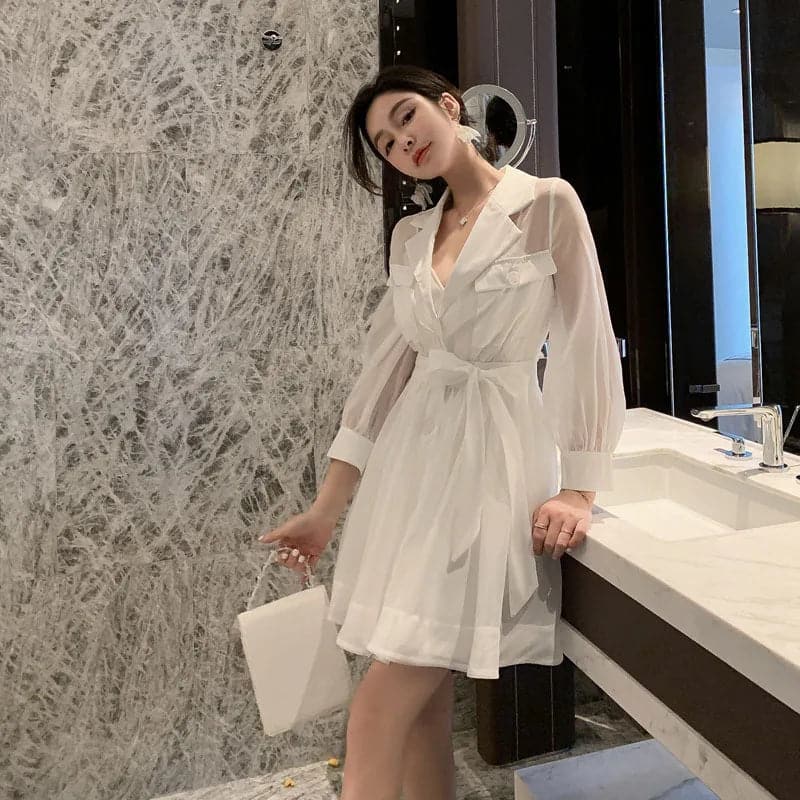 2 Piece Set Women Suit 2024 Summer Long Sleeve Mesh Long Shirt Top and Elegant Spaghetti Strap Dress Lady Two Piece Set Vestidos