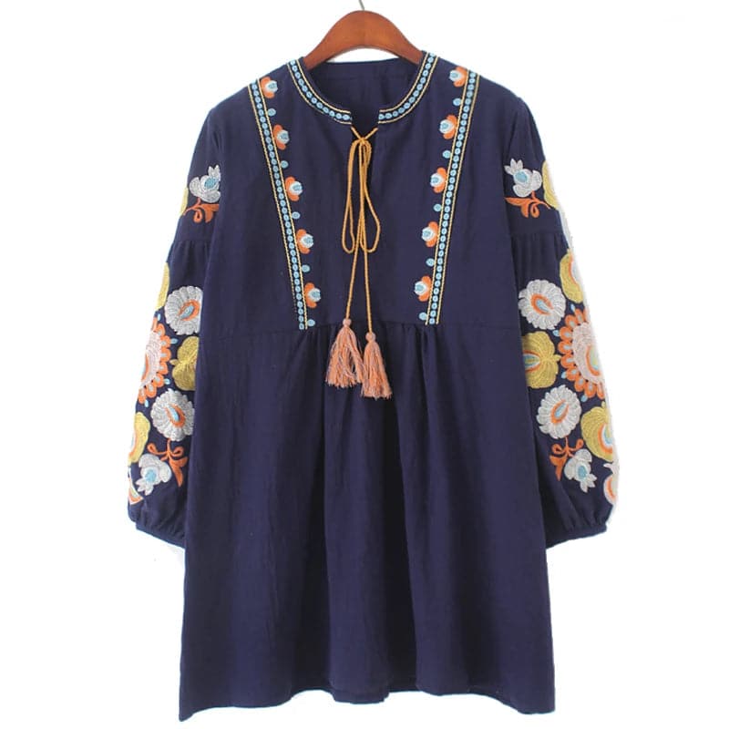 New Cotton with Tassel Bohemian Boho Blouses Loose Pattern Wide Fit Embroidery on Sleeve with Flowers Whole Sale - Boutique Beauté Santé 