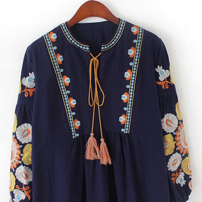 New Cotton with Tassel Bohemian Boho Blouses Loose Pattern Wide Fit Embroidery on Sleeve with Flowers Whole Sale - Boutique Beauté Santé 