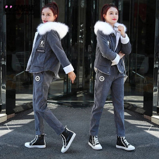 Casual Thicken Velvet Lambswool Corduroy 2 Piece Set Women Fall Winter Warm Fur Collar Hooded Jacket And Ankle Length Pants Suit