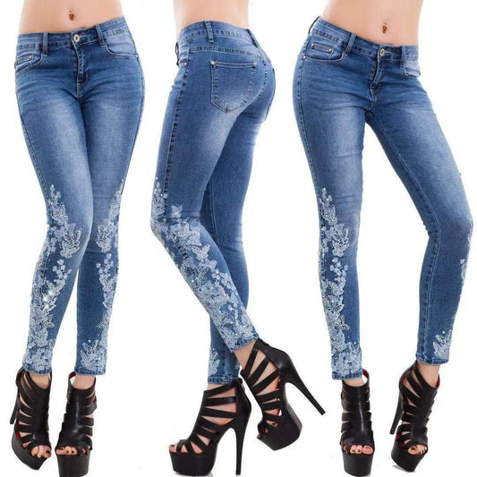 S-5XL Large Size High Elastic Skinny Jeans Embroidered Slim Blue Y2k Pants Trousers For Women Clothing Pantalon Pour Femme - Boutique Beauté Santé 