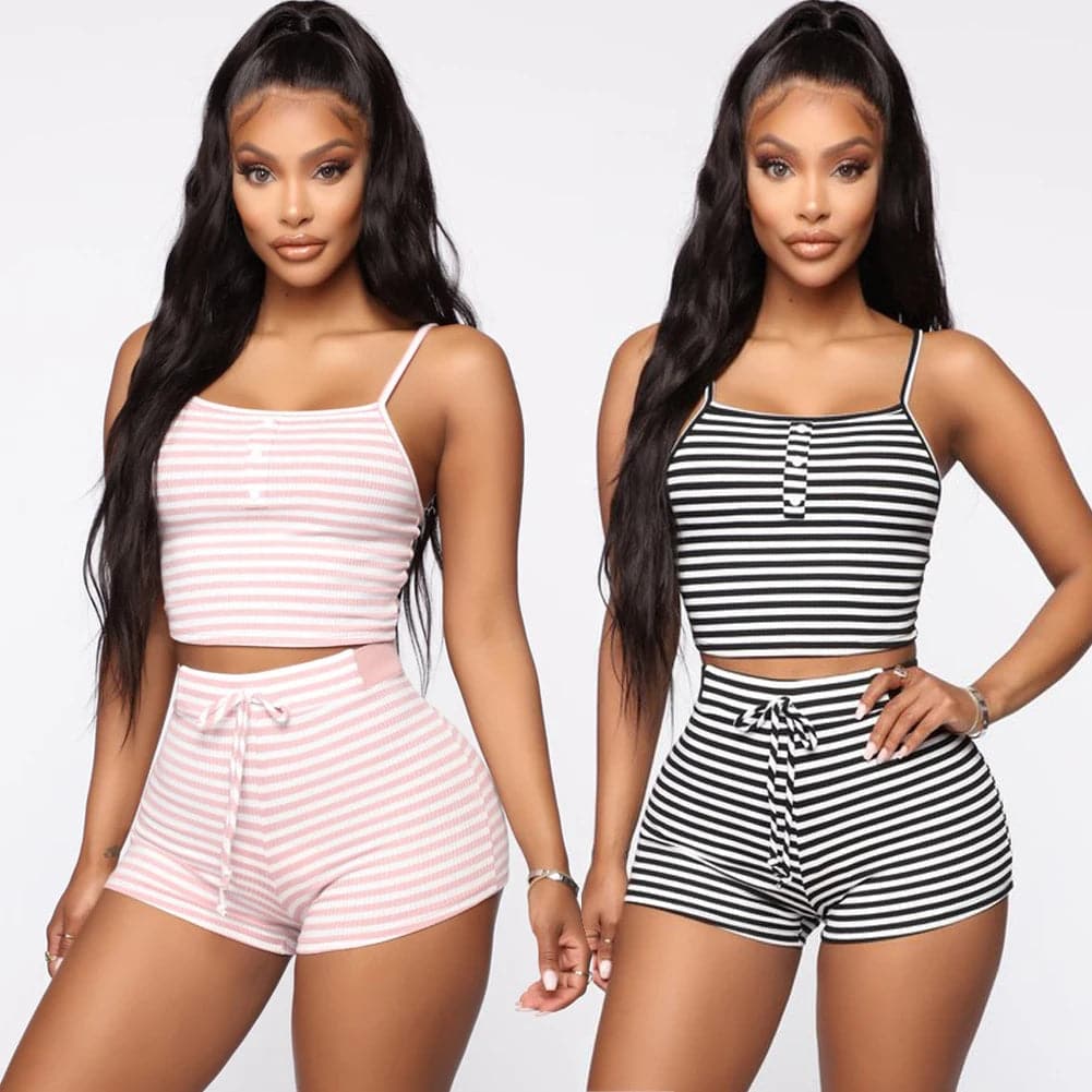 Hirigin 2PCS Women Sleepwear Summer Casual Bodycon Striped Crop Top and Shorts Outfits Clothes Sport Pajama Sets - Boutique Beauté Santé 