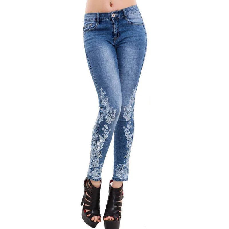 S-5XL Large Size High Elastic Skinny Jeans Embroidered Slim Blue Y2k Pants Trousers For Women Clothing Pantalon Pour Femme - Boutique Beauté Santé 