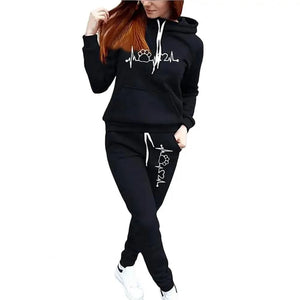 2Pcs/Set Trendy 3D Cutting Casual Tracksuit Pockets Lady Winter Heartbeat Print Slim Hoodie Sweatpants Set Cold Resistant