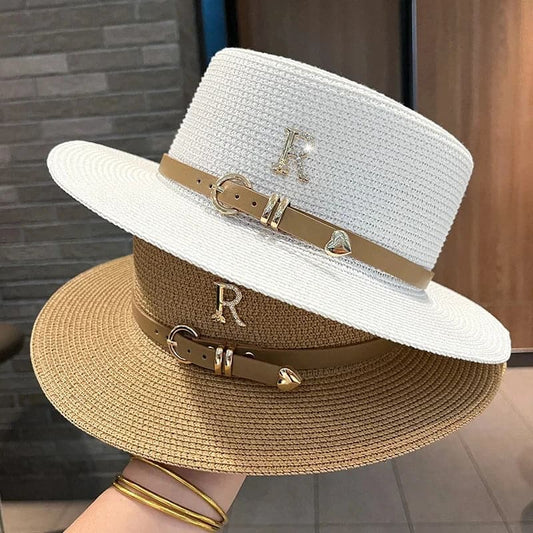 Summer Sun Hat Flat Top Straw Hats for Women New Metal R Letter Fashionable Beach Sun Hat Females Travel Holidays Boater Hat - Boutique Beauté Santé 