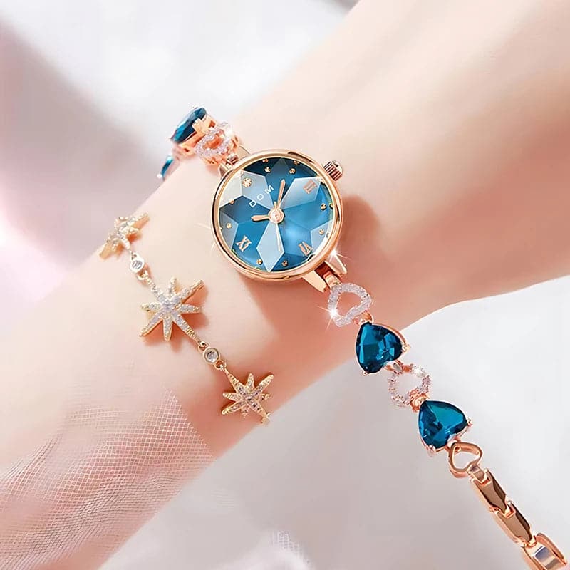 DOM 1766 Quartz Watch Women Fashion Elegant Blue Diamond Small Dial Watches Pointer Bracelet Wristwatches for Ladies Clock Gift - Boutique Beauté Santé 