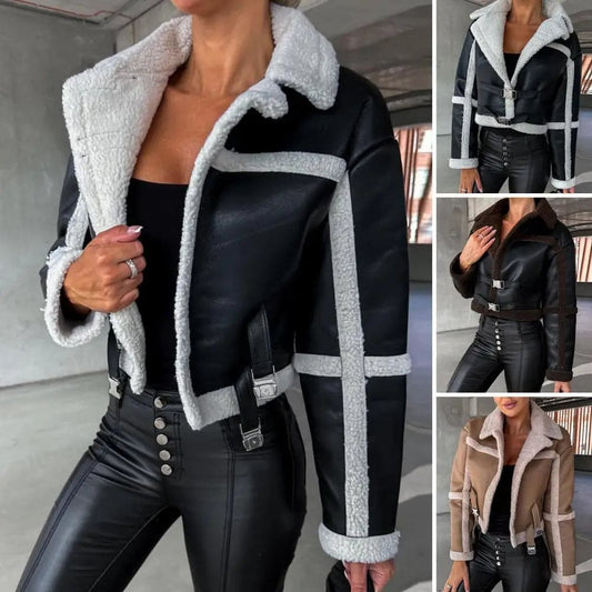 Veste en similicuir pour femme avec col en peluche, veste de moto vintage, confortable et décontractée, intérieur pour l'hiver - Boutique Beauté Santé 