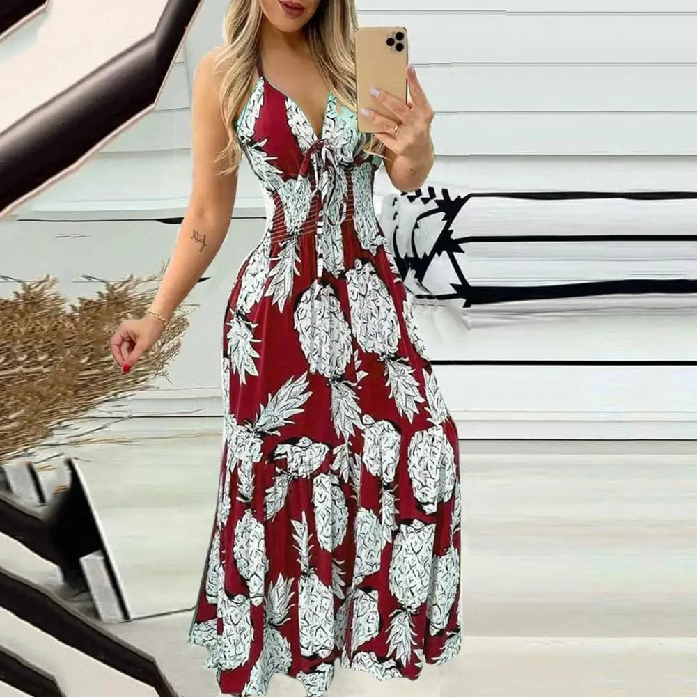 Women Beach Dress Floral Print Halter Neck Maxi Dress for Women Vacation Beachwear with Elastic High Waist Backless Design Women - Boutique Beauté Santé 