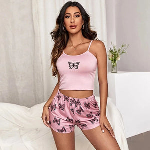 Sexy Summer Women Pajamas Set Printed Butterfly Sleepwear Home Clothes Tops And Shorts Cute Soft Sleeveless Nightwear For Female