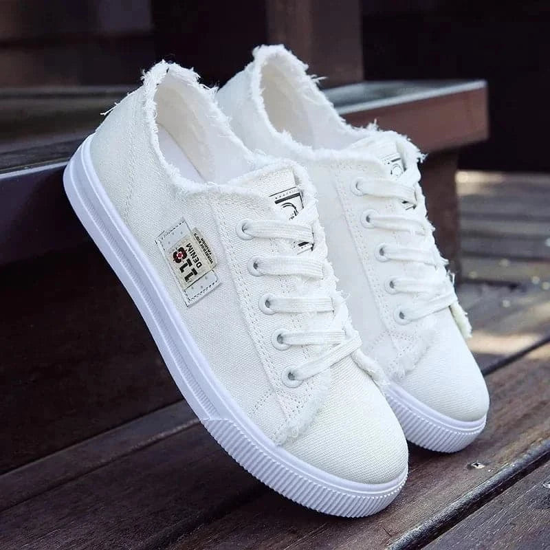 Spring Summer Women Canvas Sneaker Low Top Denim Sneakers Ladies Lace-Up Flat Canvas Trainers Girl Soild Board Shoes Female Tide