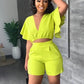 Summer V Neck Short Tops Women's Set Solid Color Fashion Flounces Short Sleeved Casual Shorts Suit Female Office Two Piece Set - Boutique Beauté Santé 