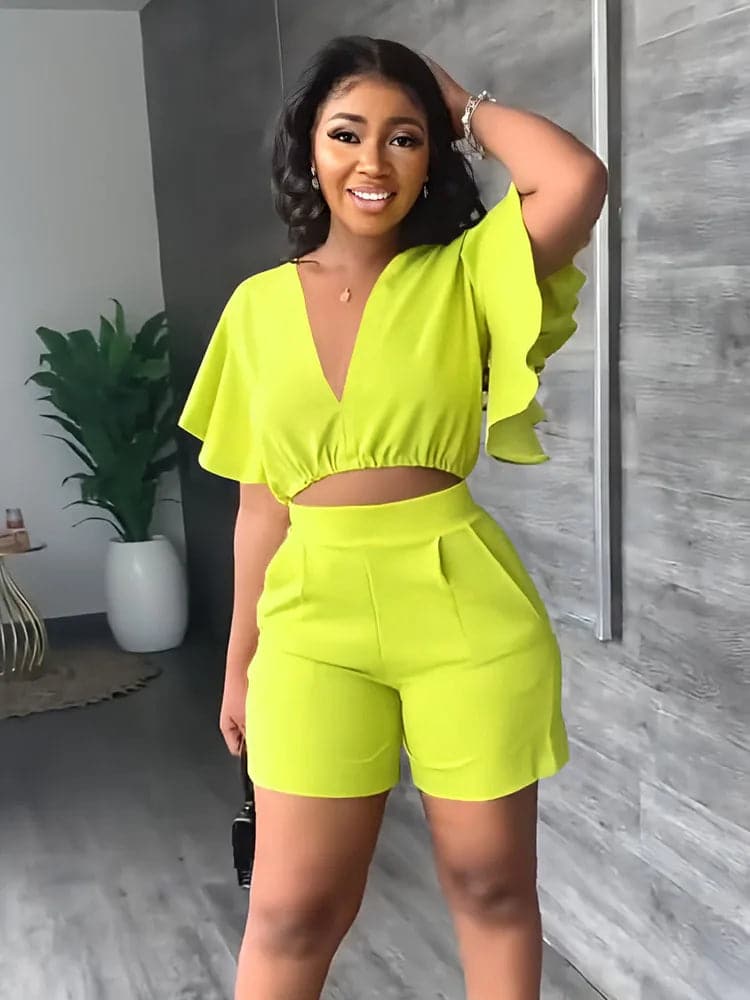 Summer V Neck Short Tops Women's Set Solid Color Fashion Flounces Short Sleeved Casual Shorts Suit Female Office Two Piece Set - Boutique Beauté Santé 