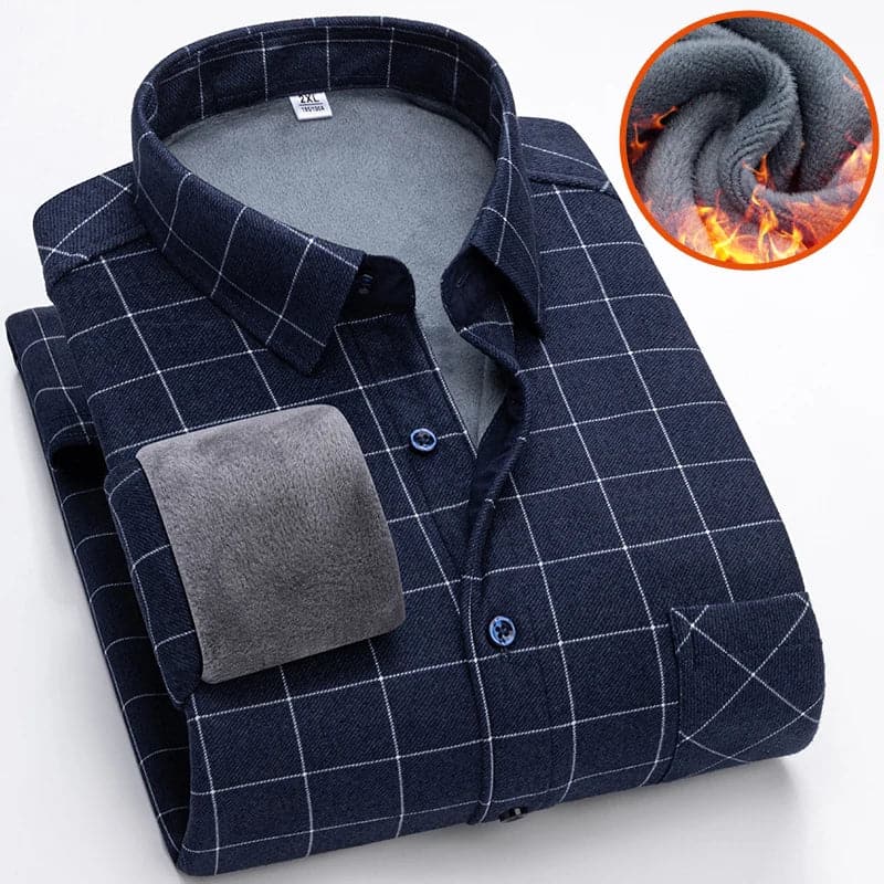 Autumn Winter Thicken Fleece Shirt Men Business Plaid Shirt Long Sleeve Warm Clothes Turn Down Collar Button Up Shirts Classic - Boutique Beauté Santé 