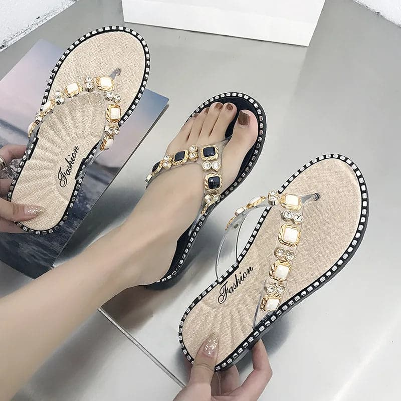 Shoes for Women Summer 2024 Thong Flat Flip Flops Rhinestone Fashion Comfort Opened Toe Luxury Sandalias Women Sandales Plates - Boutique Beauté Santé 