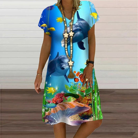 New Women Ocean Life Sea 3D Fish Print Dresses For 2024 Summer Beach Style Loose Short Sleeve Dress Casual V-Neck Woman Clothes - Boutique Beauté Santé 