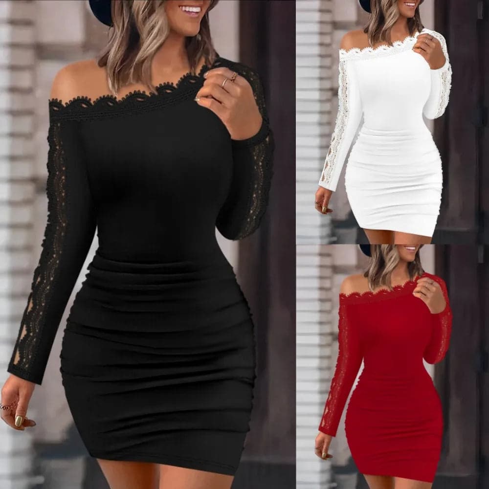 Sexy Off-shoulder White Lace Dress For Women Fashion Party Club Bodycon Miin Women's Dresses Autumn Winter Long Sleeve Slim Robe