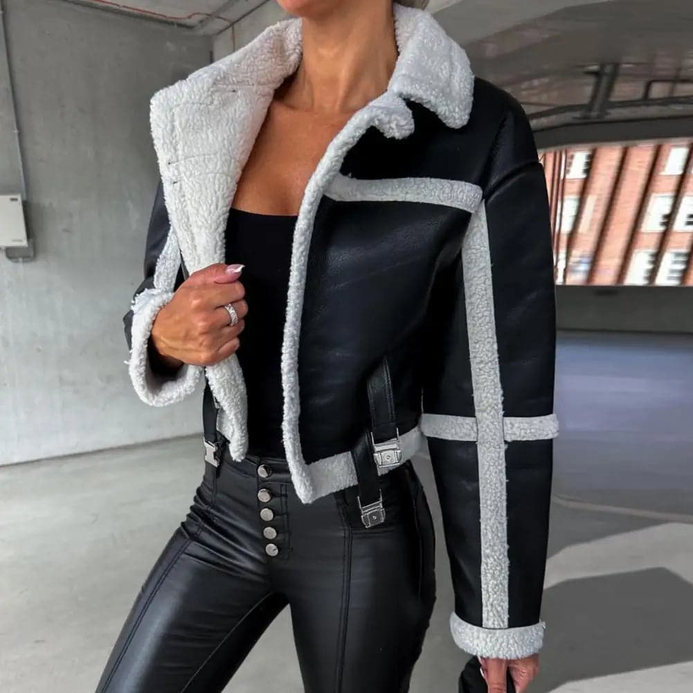 Veste en similicuir pour femme avec col en peluche, veste de moto vintage, confortable et décontractée, intérieur pour l'hiver - Boutique Beauté Santé 