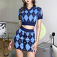 Women's Fashion Sweater Skirt Suit Slim V-Neck Knit Retro Sexy Nightclub Short Sleeve Crop Top Short Miniskirt Dress 2 Piece Set