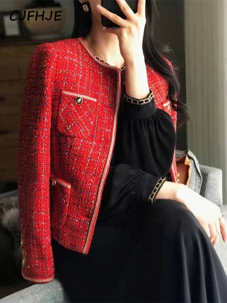 CJFHJE Red Tweed Blazers Women New Autumn Winter Loose O-Neck Single-Breasted Suit Jacket Female Korean Style Elegant Lady Coats - Boutique Beauté Santé 