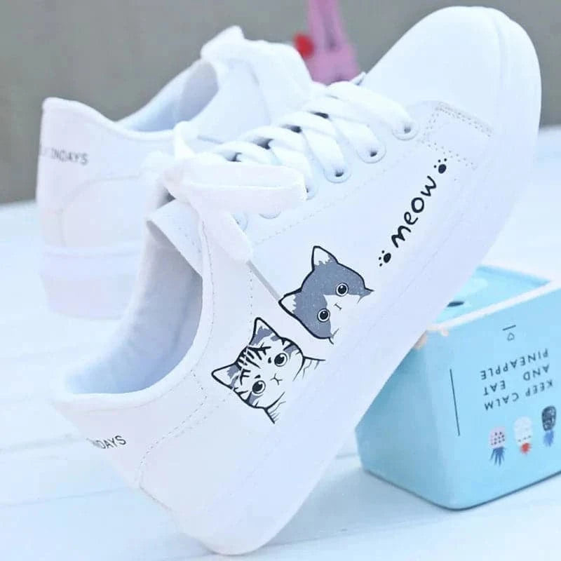 2024 New Arrival Fashion Lace-up Women Sneakers Women Casual Shoes Printed summer Women Pu Shoes Cute Cat Canvas Shoes