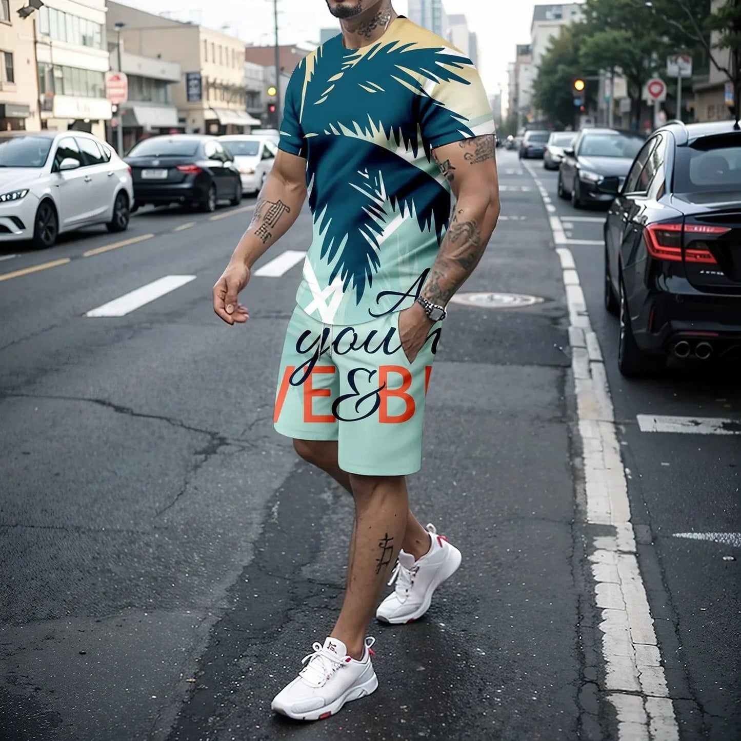 Summer Men's 3d Coconut Tree Printed Round Neck T-Shirt+Shorts Casual Sports Set Holiday Polyester Short Sleeved 2-Piece Set - Boutique Beauté Santé 