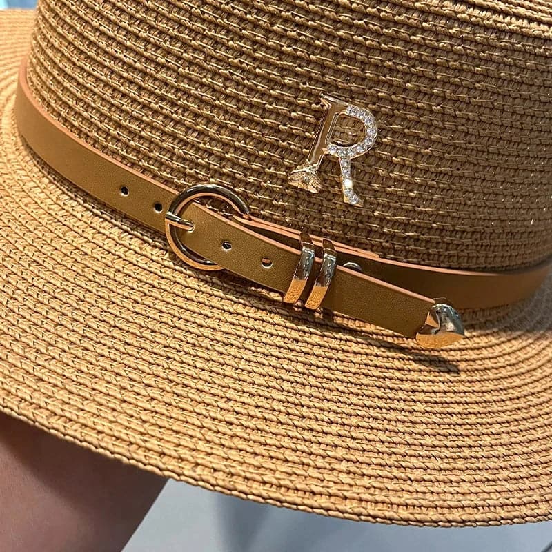 Summer Sun Hat Flat Top Straw Hats for Women New Metal R Letter Fashionable Beach Sun Hat Females Travel Holidays Boater Hat - Boutique Beauté Santé 