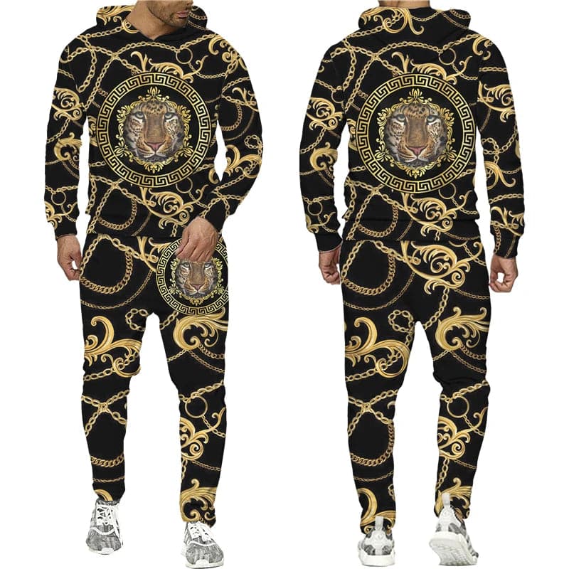 Men's Hoodie Pants Suit Leopard Golden Pattern Sportswear Set 3D Print Women Fashion Tracksuit Jogging Clothes For Men Clothing - Boutique Beauté Santé 