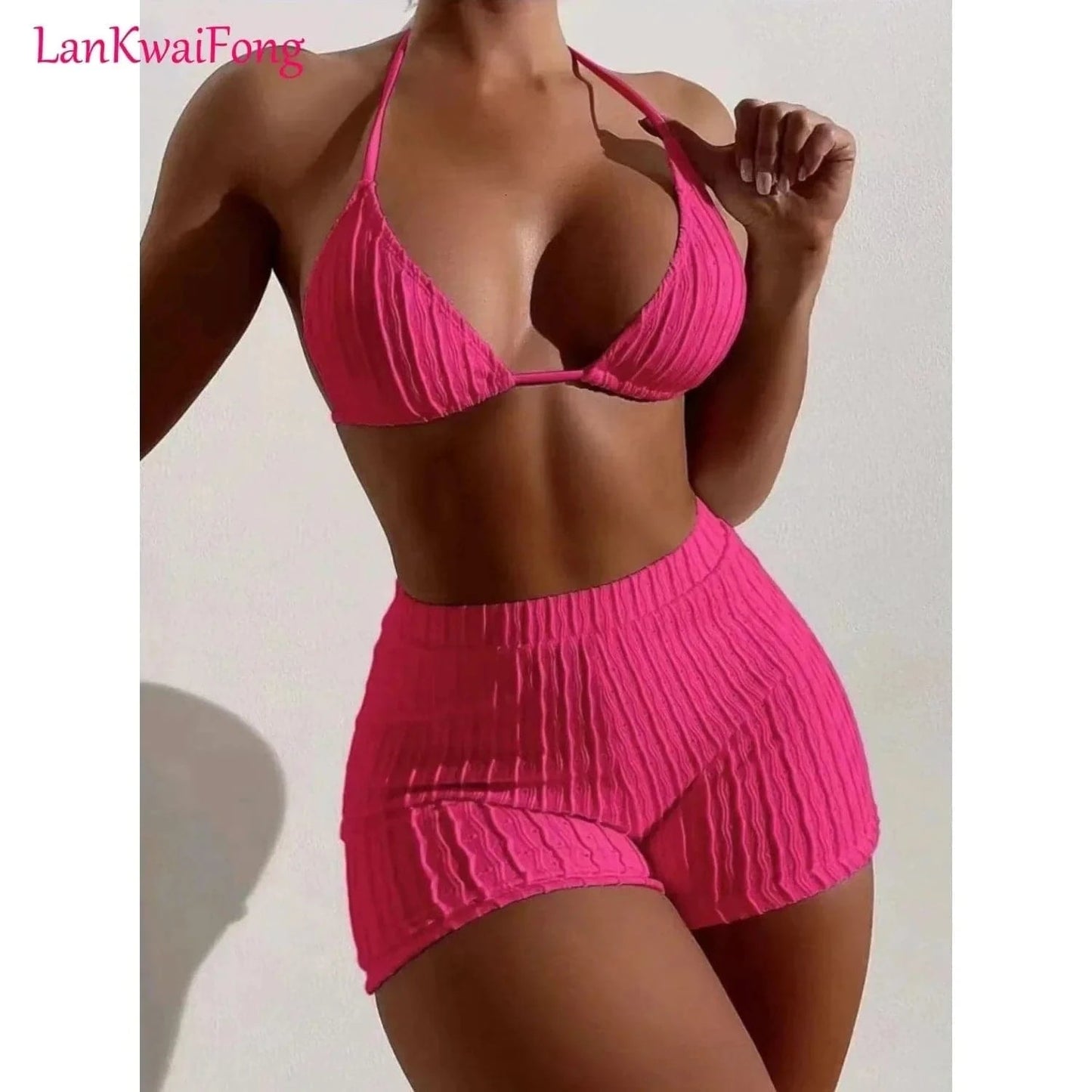 LKF 2024 Beach Split Swimsuit Women's 3D Stripe Chest Bracelet Bracelet Bra Flat Angle Shorts Strap Bikini Two Piece Set