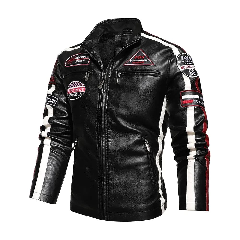 Blouson aviateur en cuir PU brodé pour hommes, pardessus de motard vintage, vestes de sourire à fermeture éclair, patchwork décontracté, moto, automne - Boutique Beauté Santé 