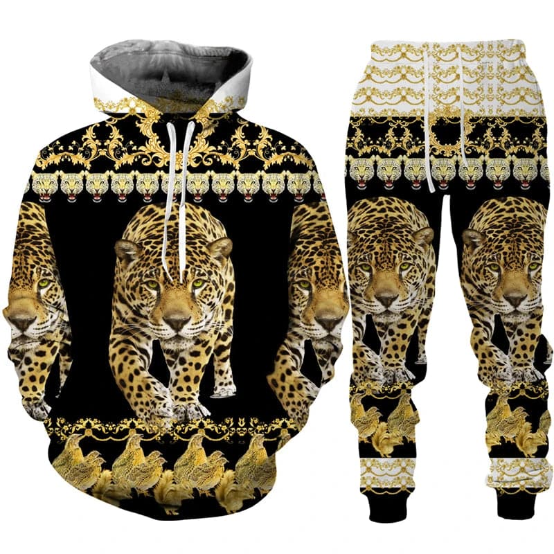 Men's Hoodie Pants Suit Leopard Golden Pattern Sportswear Set 3D Print Women Fashion Tracksuit Jogging Clothes For Men Clothing - Boutique Beauté Santé 