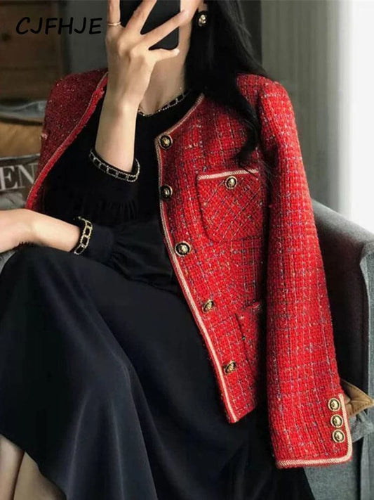 CJFHJE Red Tweed Blazers Women New Autumn Winter Loose O-Neck Single-Breasted Suit Jacket Female Korean Style Elegant Lady Coats - Boutique Beauté Santé 