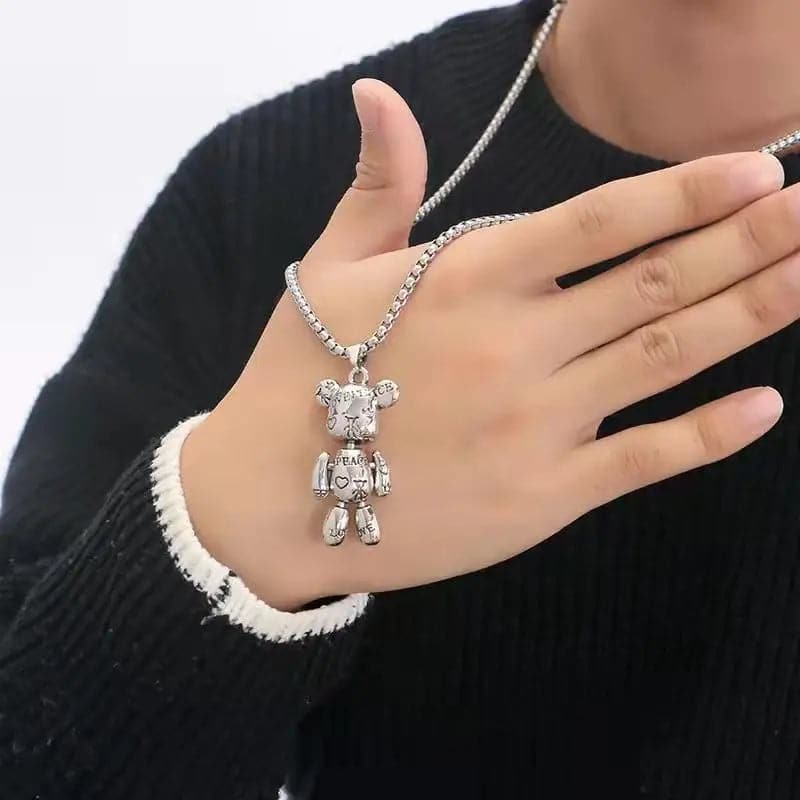 Movable Bear Pendant Titanium Steel Necklace Hip Hop Men and Women Punk Couple Sweater Chain Female Bracelet Earring Jewelry - Boutique Beauté Santé 