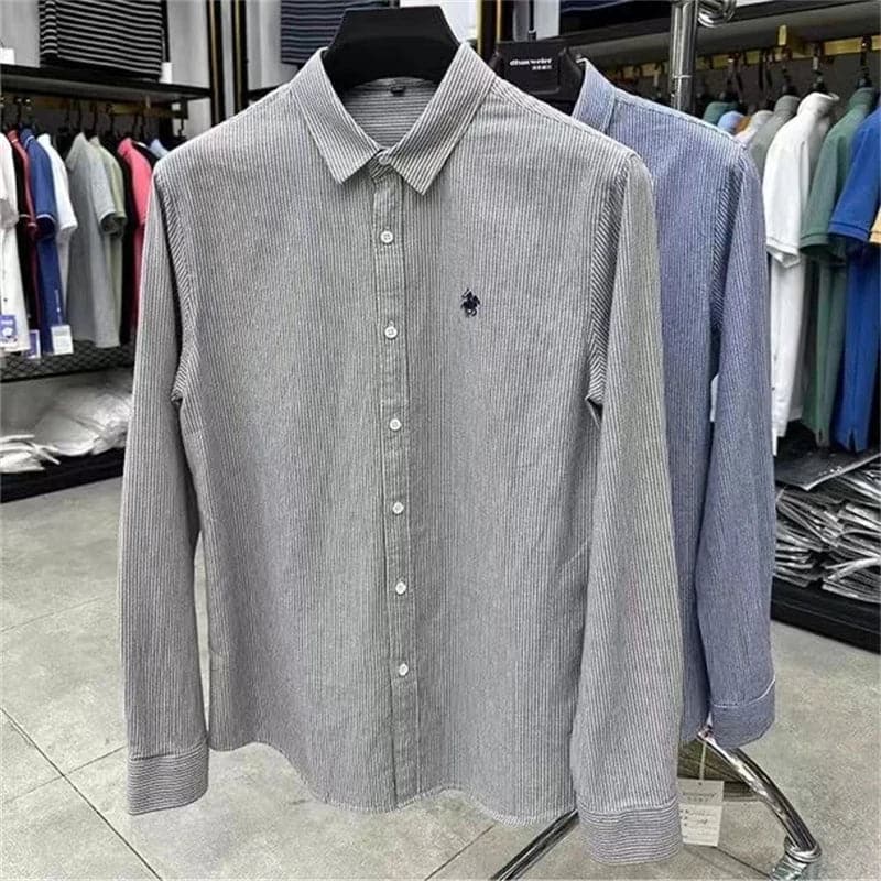 High Quality Men's Shirts 2024Spring New 100%Cotton Stripe Spur Embroid Shirts Korean Business Fashion Long Sleeve Men's Wear - Boutique Beauté Santé 