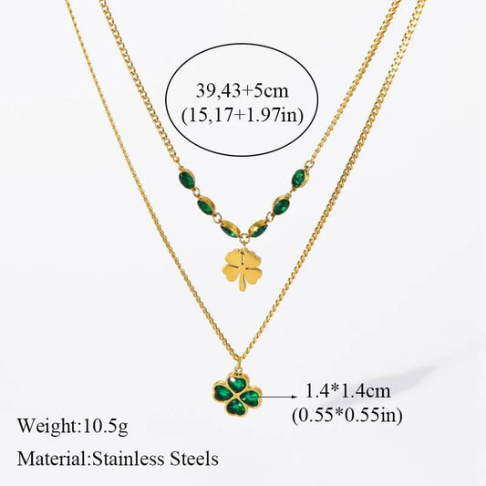 BCEFACL 316L Stainless Steel Green Leaf Clover Crystal Necklace Bracelets Earrings For Women Fashion Waterproof Jewelry Set Gift - Boutique Beauté Santé 