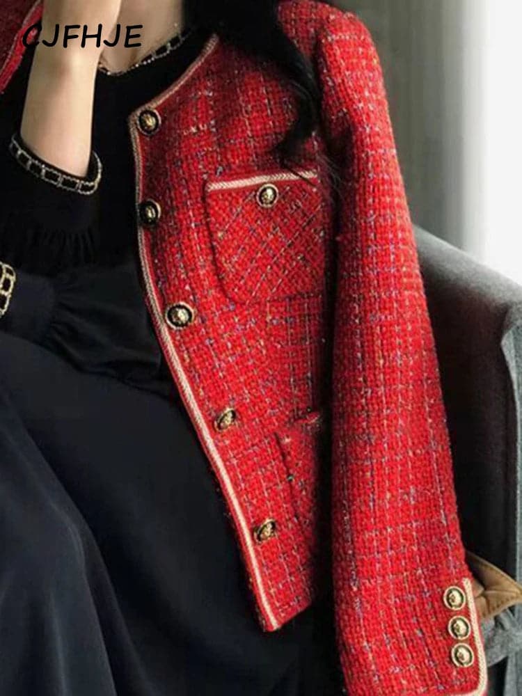 CJFHJE Red Tweed Blazers Women New Autumn Winter Loose O-Neck Single-Breasted Suit Jacket Female Korean Style Elegant Lady Coats - Boutique Beauté Santé 