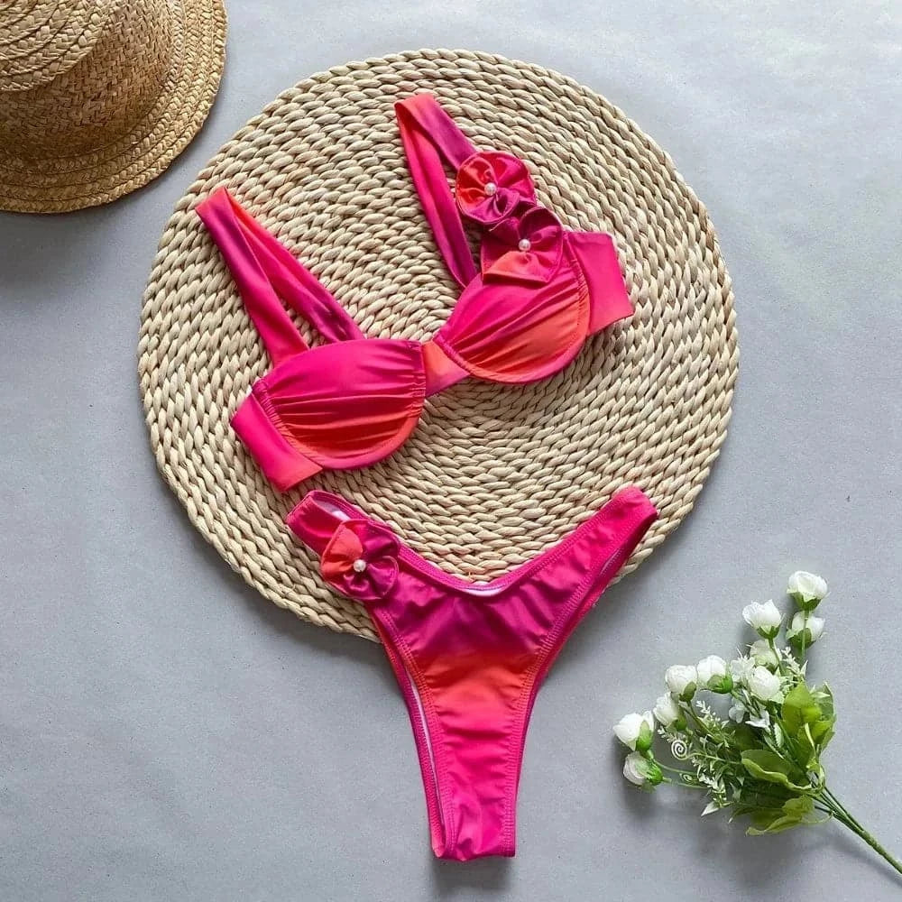 Sexy Flower Shiny Pink Push Up Bikini 2024 Women Swimwear Underwired Swimsuit High Cut Bathing Suit Wrinkled Bikinis Set Biquini