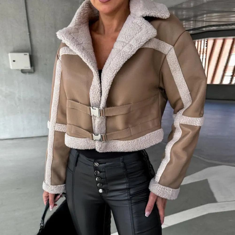 Veste en similicuir pour femme avec col en peluche, veste de moto vintage, confortable et décontractée, intérieur pour l'hiver - Boutique Beauté Santé 