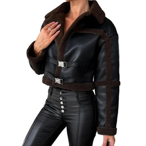 Veste en similicuir pour femme avec col en peluche, veste de moto vintage, confortable et décontractée, intérieur pour l'hiver