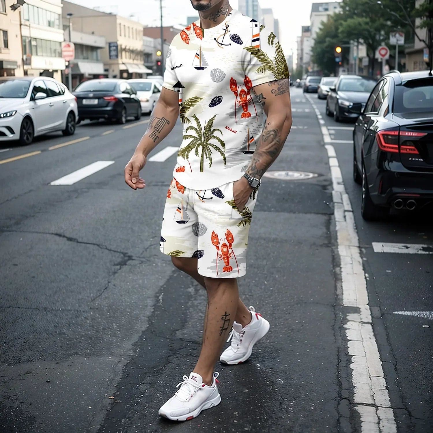 Summer Men's 3d Coconut Tree Printed Round Neck T-Shirt+Shorts Casual Sports Set Holiday Polyester Short Sleeved 2-Piece Set - Boutique Beauté Santé 