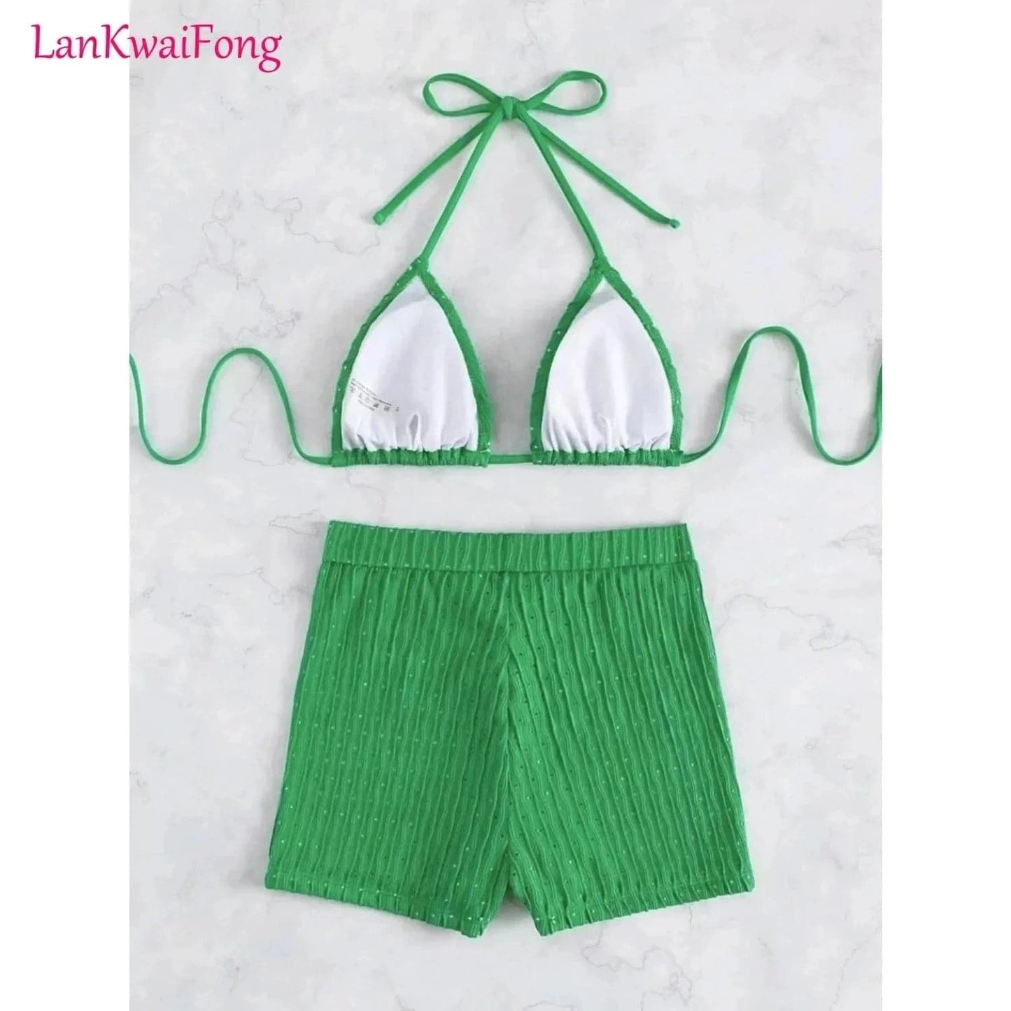 LKF 2024 Beach Split Swimsuit Women's 3D Stripe Chest Bracelet Bracelet Bra Flat Angle Shorts Strap Bikini Two Piece Set