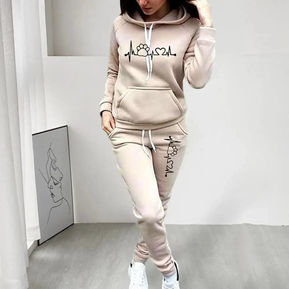 2Pcs/Set Trendy 3D Cutting Casual Tracksuit Pockets Lady Winter Heartbeat Print Slim Hoodie Sweatpants Set Cold Resistant