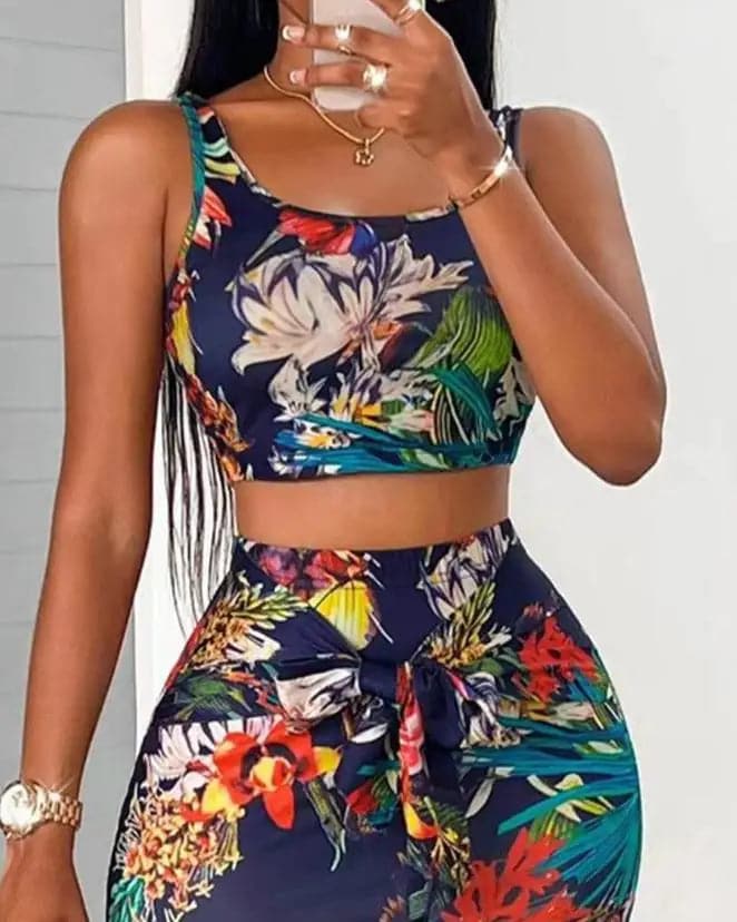 Two Piece Sets Womens Outifits 2024  Summer Fashion Tropical Print U-Neck Sleeveless Crop Tank Top & Casual Skinny Midi Skirt Set - Boutique Beauté Santé 