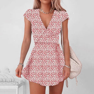 Jupe florale à imprimé floral pour femmes, demi-col en V, mini robe à manches, vêtements d'été, européens et jeunesse