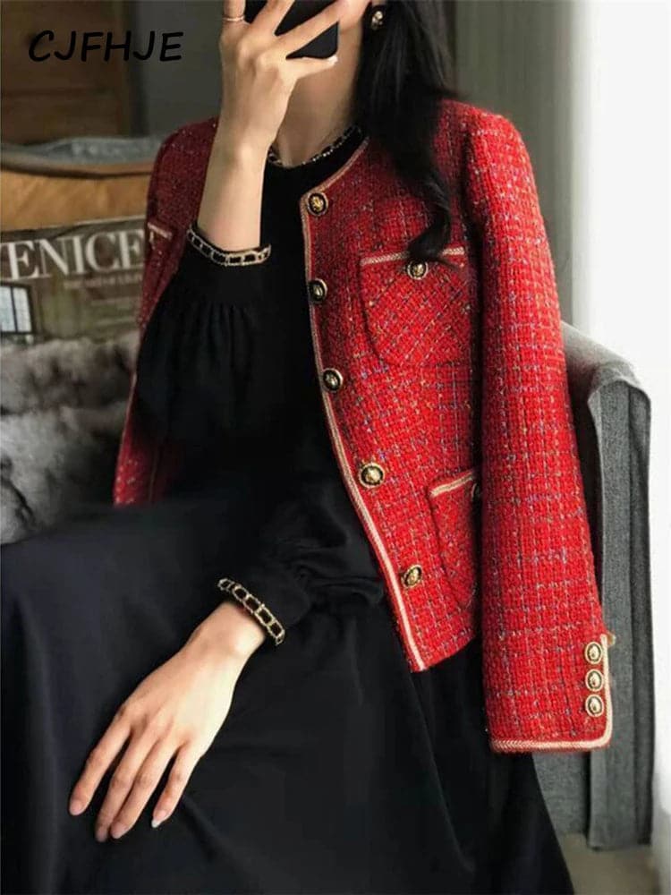 CJFHJE Red Tweed Blazers Women New Autumn Winter Loose O-Neck Single-Breasted Suit Jacket Female Korean Style Elegant Lady Coats - Boutique Beauté Santé 