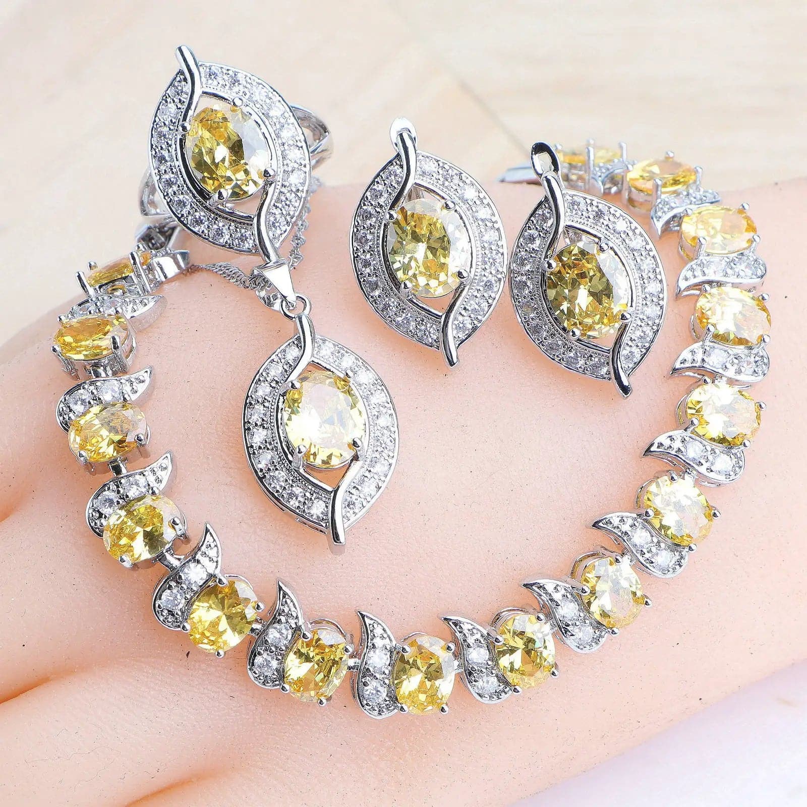 Wedding Jewelry Sets Women Silver 925 Jewelry Stones Earrings Bracelets Ring Pendant Necklace Bridal Yellow Zirconia Set - Boutique Beauté Santé 